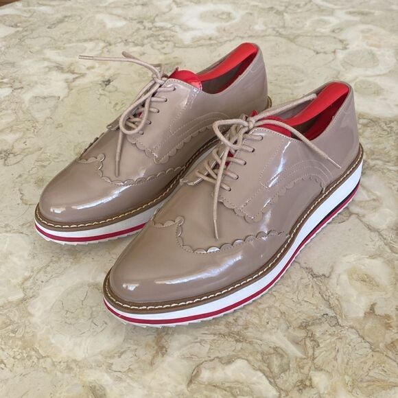 Zara Oxfords Tan Nude Patent Leather Red Heart Tongue Platform Wingtip Shoes - Picture 4 of 14